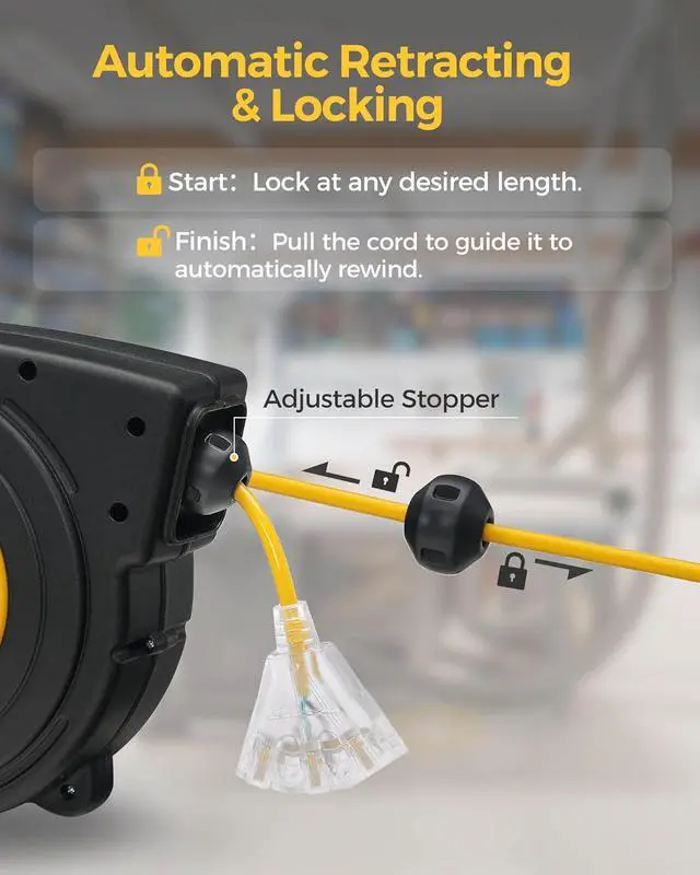 Alt view image 3 of 7 - Retractable Extension Cord Reel, 45 FT Heavy Duty Power Cord, 12AWG/3C SJTOW, 3 Grounded Outlets Lighted Triple Tap for Ceiling/Wall Mount, 15 Amp Circuit Breaker, UL Listed, Yellow Y45CR06