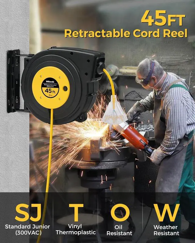 Alt view image 2 of 7 - Retractable Extension Cord Reel, 45 FT Heavy Duty Power Cord, 12AWG/3C SJTOW, 3 Grounded Outlets Lighted Triple Tap for Ceiling/Wall Mount, 15 Amp Circuit Breaker, UL Listed, Yellow Y45CR06