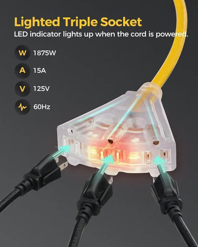 Alt view image 4 of 7 - Retractable Extension Cord Reel, 45 FT Heavy Duty Power Cord, 12AWG/3C SJTOW, 3 Grounded Outlets Lighted Triple Tap for Ceiling/Wall Mount, 15 Amp Circuit Breaker, UL Listed, Yellow Y45CR06