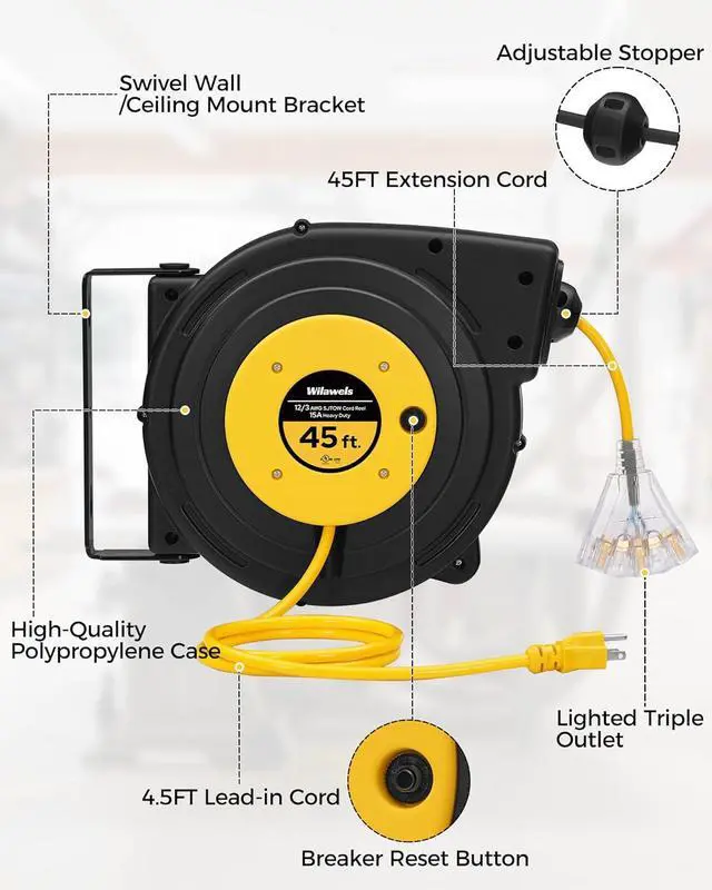 Alt view image 7 of 7 - Retractable Extension Cord Reel, 45 FT Heavy Duty Power Cord, 12AWG/3C SJTOW, 3 Grounded Outlets Lighted Triple Tap for Ceiling/Wall Mount, 15 Amp Circuit Breaker, UL Listed, Yellow Y45CR06