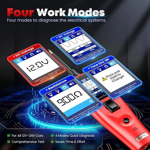 Alt view image 5 of 7 - PowerScan Automotive Circuit Tester, Power Circuit Probe Tool, 12-24V Electrical Short Open Breaker Circuit Finder, AC/DC Current Resistance, Duty Cycle, & 20FT Extension Cord, for 99% Cars