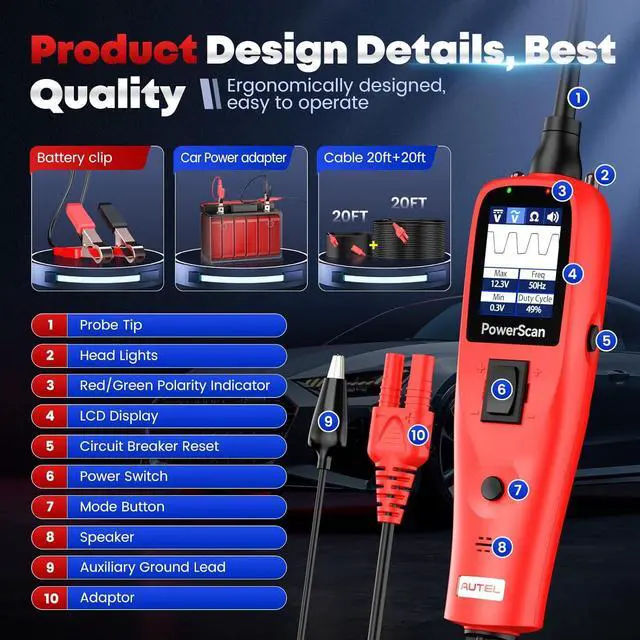 Alt view image 7 of 7 - PowerScan Automotive Circuit Tester, Power Circuit Probe Tool, 12-24V Electrical Short Open Breaker Circuit Finder, AC/DC Current Resistance, Duty Cycle, & 20FT Extension Cord, for 99% Cars