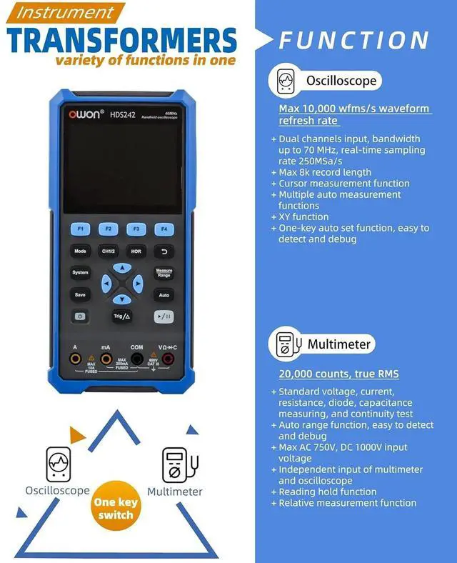 Alt view image 6 of 6 - HDS272 Oscilloscope, 70MHz Bandwidth Dual Channel Oscilloscope Multiumeter, 2 in 1 Function 20,000 Counts Multiumeter 3.5" LCD for Electronic Measurement Circuit Design, Test, Repair