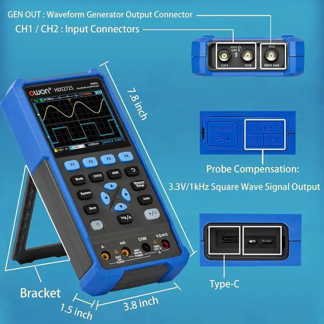 Alt view image 4 of 6 - HDS272S Oscilloscope, Handheld Oscilloscope Multiumeter 70MHz Bandwidth 3 in 1 Portable Waveform Generator with 3.5" LCD for Automobile Maintenance, Electronic Measurement