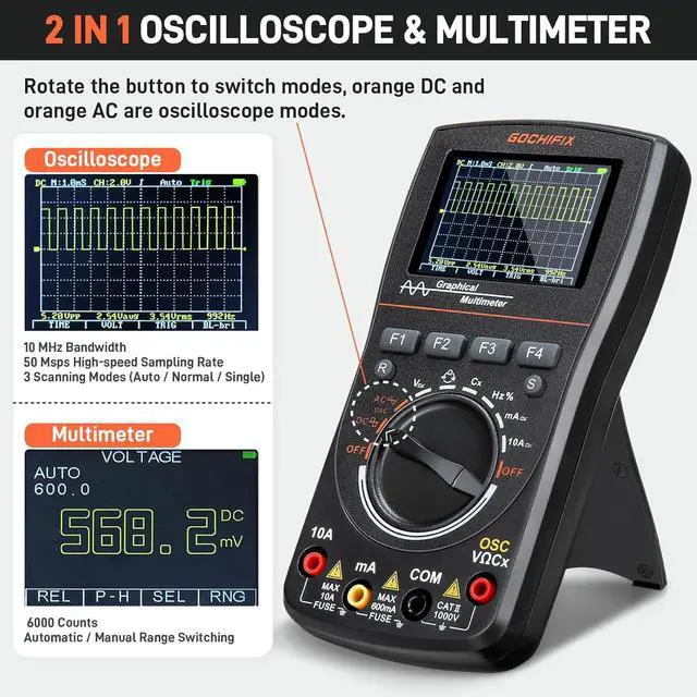 Alt view image 2 of 7 - Handheld Oscilloscope Multimeter, 2 in 1 Portable Digital Oscilloscope Multimeter 10Mhz Bandwidth, 50MSa/s Sampling Rate, 6000 Counts, Automotive Multimeter Oscilloscope