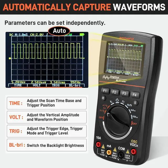 Alt view image 3 of 7 - Handheld Oscilloscope Multimeter, 2 in 1 Portable Digital Oscilloscope Multimeter 10Mhz Bandwidth, 50MSa/s Sampling Rate, 6000 Counts, Automotive Multimeter Oscilloscope