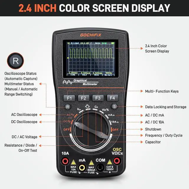 Alt view image 5 of 7 - Handheld Oscilloscope Multimeter, 2 in 1 Portable Digital Oscilloscope Multimeter 10Mhz Bandwidth, 50MSa/s Sampling Rate, 6000 Counts, Automotive Multimeter Oscilloscope