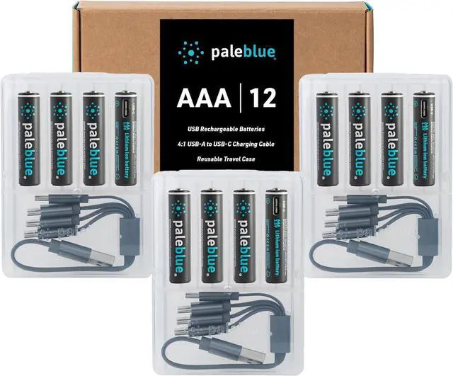 Main image of USB Rechargeable AAA Lithium Batteries, 1 Hour Charge Time, Recharge Over 1000 Times, 600 mAh, 4-in-1 USB-A to USB-C Charging Cable, 12 Pack
