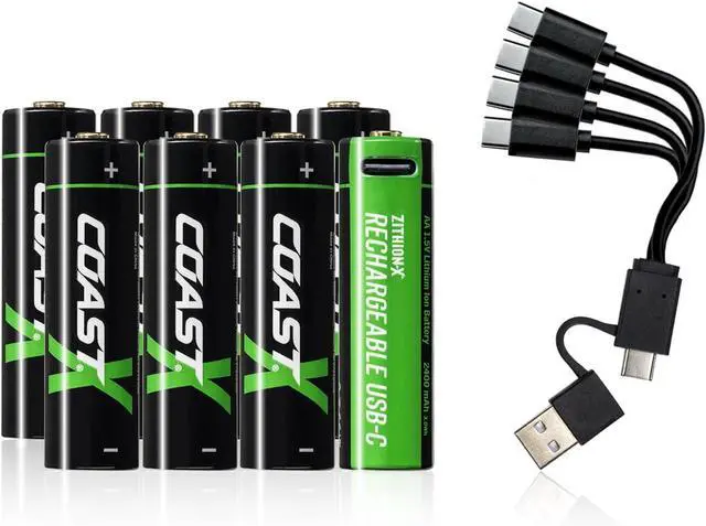 Main image of AA USB-C Rechargeable Batteries, ZITHION-X, Lithium Ion 1.5v 2400 mAh, Long Lasting, Charges Under 2.5 Hours, Charging Cable Included, 8-Battery Pack