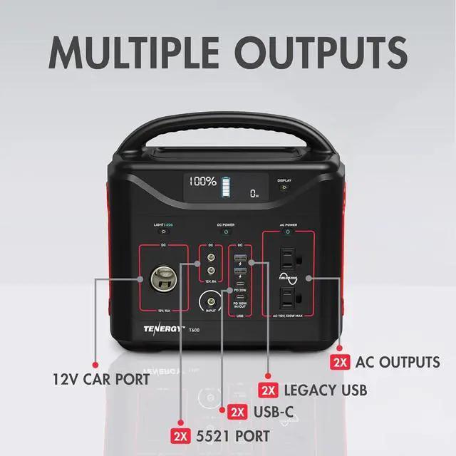 Alt view image 4 of 7 - T600 Portable Power Station, 600Wh Battery, 3x 500W (Peak 1000W) AC Outlets, USB type C PD 100W, Solar Ready Mobile Power for Outdoors Camping Vans, RV, Emergency Backup