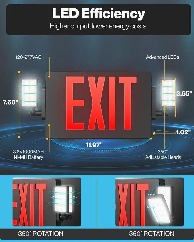 Alt view image 5 of 7 - Sunco 6 Pack Black Exit Signs With Emergency Lights, Two Adjustable LED Lights, 94V-0 Fire Resistant, Backup Battery, 120-277V, Wall Or Ceiling Mount, Commercial Grade UL.
