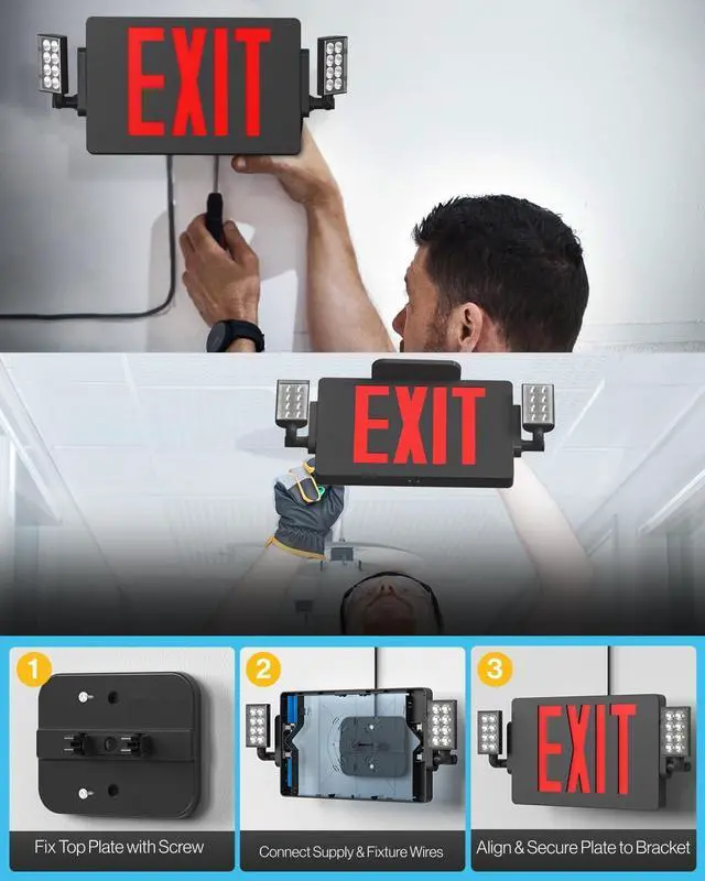 Alt view image 6 of 7 - Sunco 6 Pack Black Exit Signs With Emergency Lights, Two Adjustable LED Lights, 94V-0 Fire Resistant, Backup Battery, 120-277V, Wall Or Ceiling Mount, Commercial Grade UL.