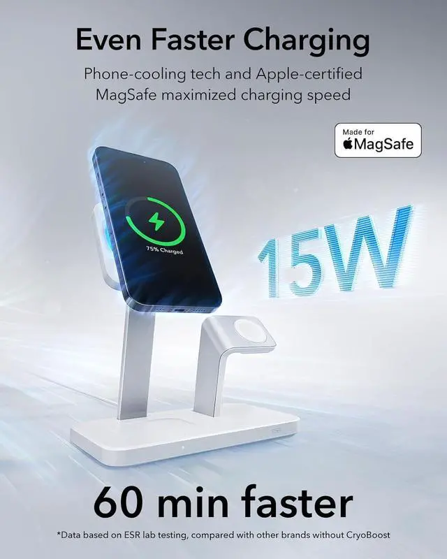 Alt view image 2 of 7 - 25W 3-in-1 Charger Stand for Magsafe, Made for Apple-Certified Magnetic Wireless Charger, 15W Charging Station for iPhone 16/15/14/13 Apple Watch/AirPods Pro, Phone-Cooling Charger, White