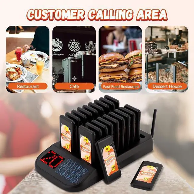 Alt view image 6 of 7 - Restaurant Pager System Wireless Calling System Social Distancing Buzzer Max 98 Nursery Pager Set Vibration Waiting Buzzers for Food Truck Church Clinic (20 Pagers (Updated Version 2))