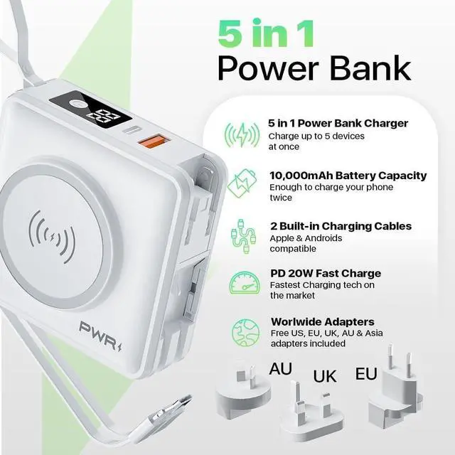 Alt view image 2 of 6 - PWR Travel PRO 5-in-1 Power Bank  10 000mAh with Built-in Cables  20W USB-C + 15W Wireless Charging  Compact Portable Charger for iPhone & Android - White