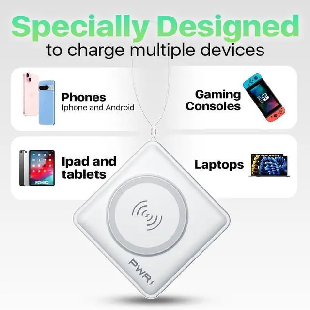 Alt view image 3 of 6 - PWR Travel PRO 5-in-1 Power Bank  10 000mAh with Built-in Cables  20W USB-C + 15W Wireless Charging  Compact Portable Charger for iPhone & Android - White