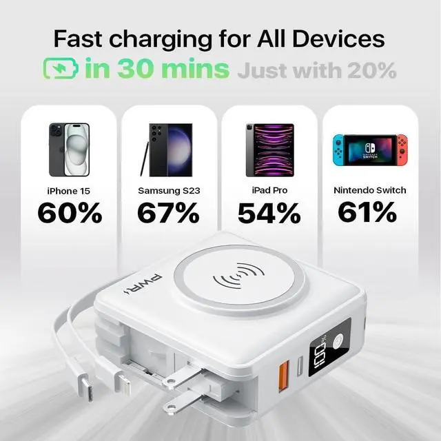 Alt view image 5 of 6 - PWR Travel PRO 5-in-1 Power Bank  10 000mAh with Built-in Cables  20W USB-C + 15W Wireless Charging  Compact Portable Charger for iPhone & Android - White