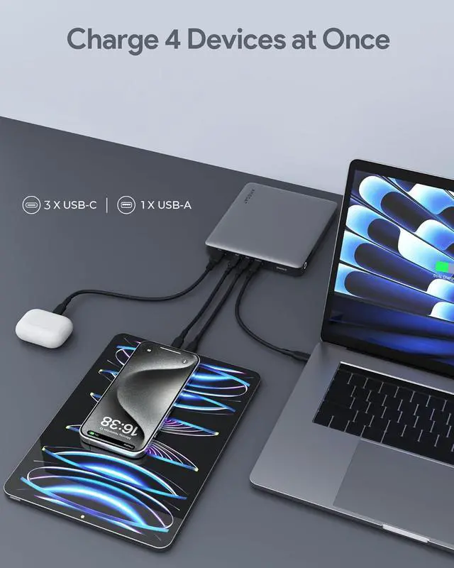 Alt view image 5 of 7 - 100W Laptop Power Bank, 20000mAh Portable Charger USB C 4-Port Super Fast Charging Battery Pack with LED Digital Display for Laptop, iPhone, MacBook, Samsung, AirPods, Steam Deck and More
