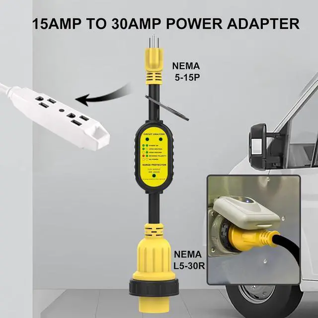 Alt view image 6 of 7 - 15 Amp to 30 Amp Adapter with Locking Connector + 30 Amp RV Surge Protector Circuit Analyzer Power Guard with Surge Protection for Camper Travel Trailer