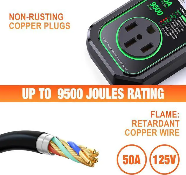 Alt view image 4 of 7 - RV Surge Protectors 50 Amp Waterproof, [2025 New Upgraded] RV Circuit Analyzer, Full Protection RV Adapter Plug for Camper(Green)