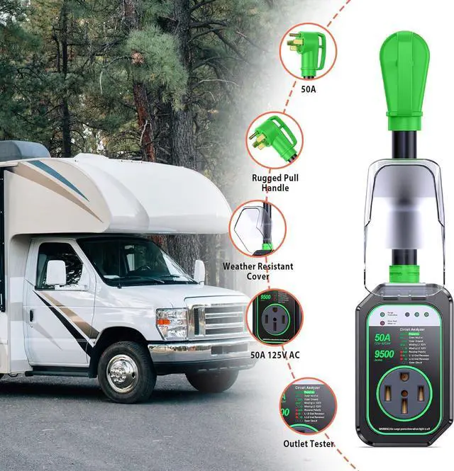 Alt view image 5 of 7 - RV Surge Protectors 50 Amp Waterproof, [2025 New Upgraded] RV Circuit Analyzer, Full Protection RV Adapter Plug for Camper(Green)