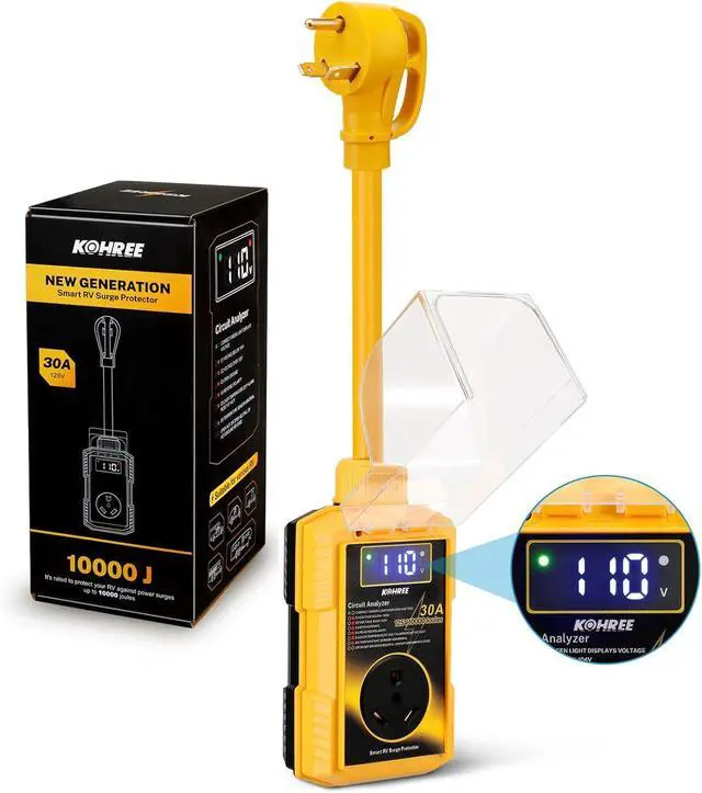 Main image of RV Surge Protector 30 Amp with High/Low Voltage Protection, 10000 Joules 30 Amp RV Surge Protector Waterproof, Circuit Analyzer with Smart LED Display for RV Camper, Yellow