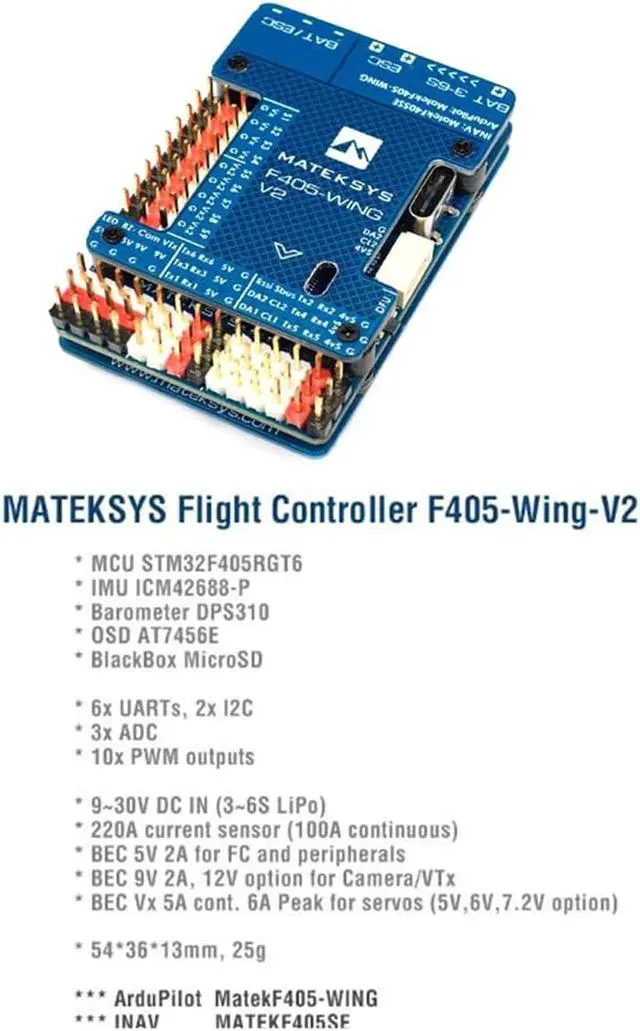 Alt view image 3 of 5 - MATEK Mateksys F405 Wing V2 Flight Controller F4 FC New Layout ICM42688P DPS310 ArduPilot INAV for RC FPV Racing Drone Fixed-Wing