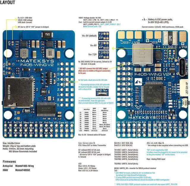 Alt view image 5 of 5 - MATEK Mateksys F405 Wing V2 Flight Controller F4 FC New Layout ICM42688P DPS310 ArduPilot INAV for RC FPV Racing Drone Fixed-Wing