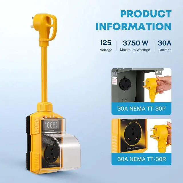 Alt view image 5 of 7 - RV Surge Protector 30 Amp with High/Low Voltage Protection, 10000 Joules 30 Amp RV Surge Protector Waterproof, Circuit Analyzer with Smart LED Display for RV Camper, Yellow