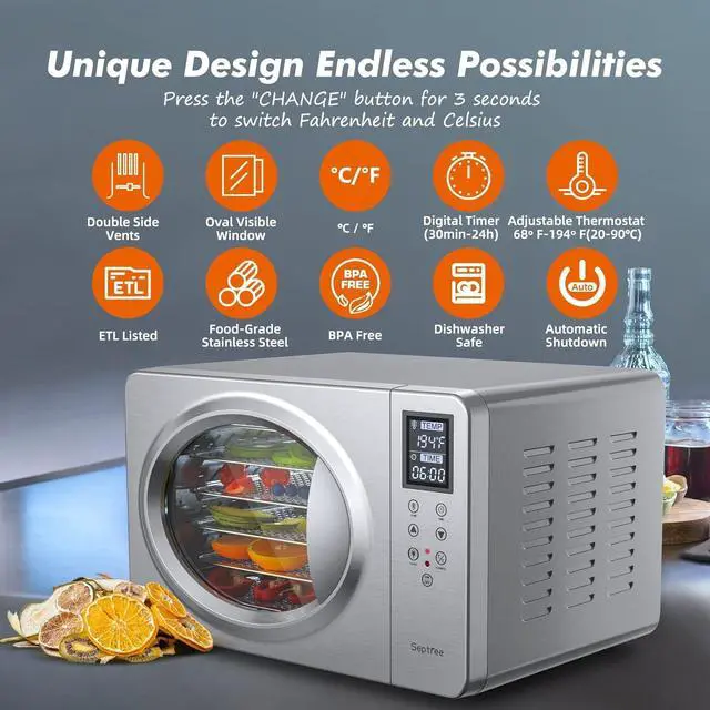 Alt view image 3 of 7 - Silver Retro Food Dehydrator- 6 Stainless Steel Trays, 190 Max Digital Temperature Control, Built-in Light, 500W Efficient Drying Machine for Beef Jerky Fruit Mushroom& Yogurt