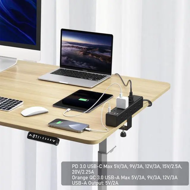 Alt view image 3 of 7 - Standing Desk Clamp Power Strip with 15 Outlets, Black Desktop Edge Mount Surge Protector Outlet, Fast Charging USB-A and 45W USB-C Ports, 10 FT Flat Plug, Black Fit 1.6 inch Table top.