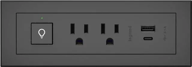 Main image of Legrand RDSZCBK radiant Furniture Power Center with USB and Switch, Recessed Power Strip, 2 Outlets, Type A/C USB, 6 Foot Cord, Black