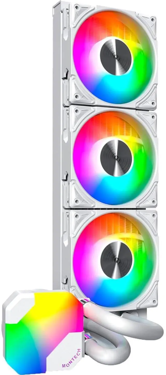 Alt view image 2 of 5 - MONTECH HyperFlow ARGB 360 - AIO CPU Liquid Cooler, Intel&AMD Compatible, Chart-Topping Performance, Enhanced 3100RPM Water Pump Design, 3X Metal Pro 12 ARGB Ultimate Cooling Fans -White