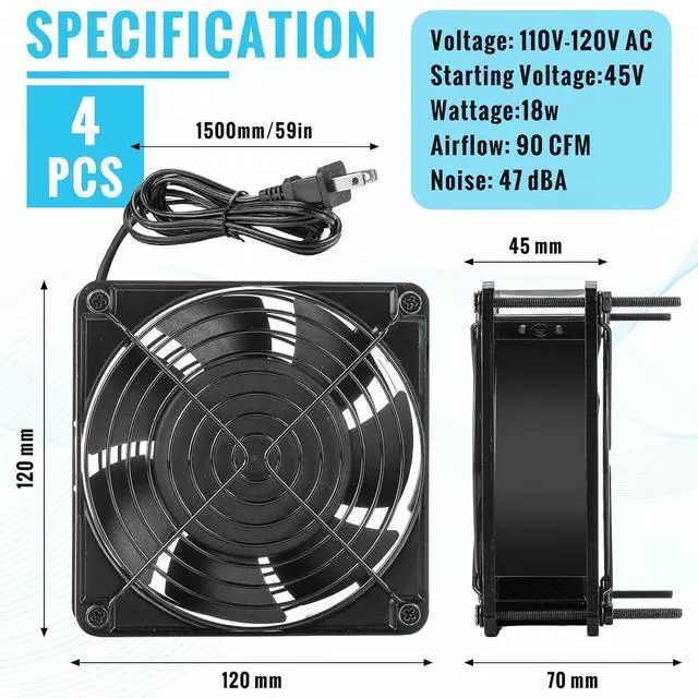 Alt view image 2 of 7 - 4 Pack 120V AC Fans Muffin Fan Waterproof18W 2850RPM 90CFM Life 50000 Hours Small Cooling Ventilation Exhaust Projects (120mm)