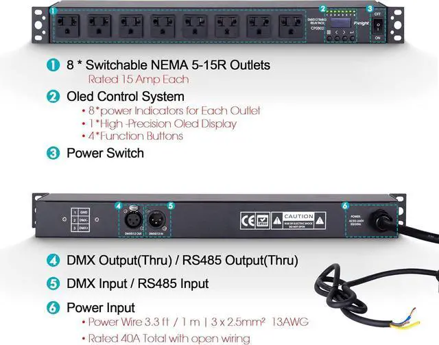 Alt view image 2 of 6 - 8-Outlet Smart PDU DMX Relay - Programmable Power Sequencer with DMX512 Control, RS485 Remote, Rack-Mount 20A Power Distribution Unit for Home & Studio