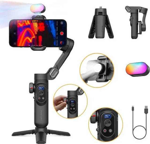 Main image of 3-Axis Gimbal Stabilizer for Smartphone w/RGB Magnetic Fill Light Phone Gimbal for iPhone/Android Foldable iPhone Stabilizer w/Upgraded Face Tracking Vlog Recording-Smart X Pro Kit