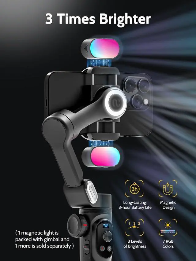Alt view image 2 of 7 - 3-Axis Gimbal Stabilizer for Smartphone w/RGB Magnetic Fill Light Phone Gimbal for iPhone/Android Foldable iPhone Stabilizer w/Upgraded Face Tracking Vlog Recording-Smart X Pro Kit