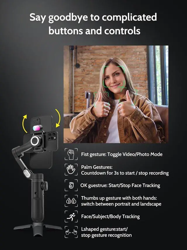 Alt view image 4 of 7 - 3-Axis Gimbal Stabilizer for Smartphone w/RGB Magnetic Fill Light Phone Gimbal for iPhone/Android Foldable iPhone Stabilizer w/Upgraded Face Tracking Vlog Recording-Smart X Pro Kit