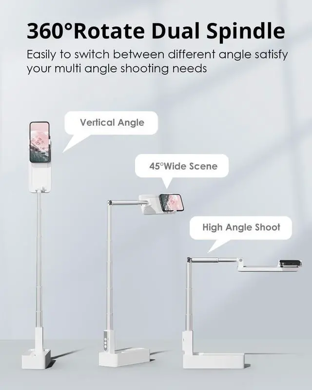 Alt view image 4 of 7 - Phone Stand for Recording, Overhead Phone Mount with Light, Selfie Stand,Portable,Extendable,360° Rotate,Adjustable,Wireless Remote,Rechargeable, for 3.5-6.9" Phones, Live Streaming, White
