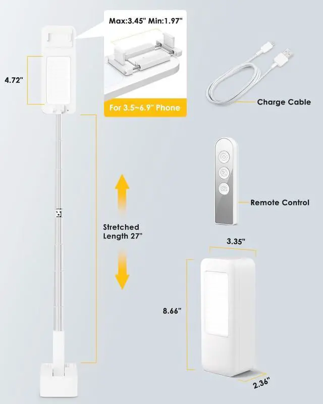 Alt view image 5 of 7 - Phone Stand for Recording, Overhead Phone Mount with Light, Selfie Stand,Portable,Extendable,360° Rotate,Adjustable,Wireless Remote,Rechargeable, for 3.5-6.9" Phones, Live Streaming, White