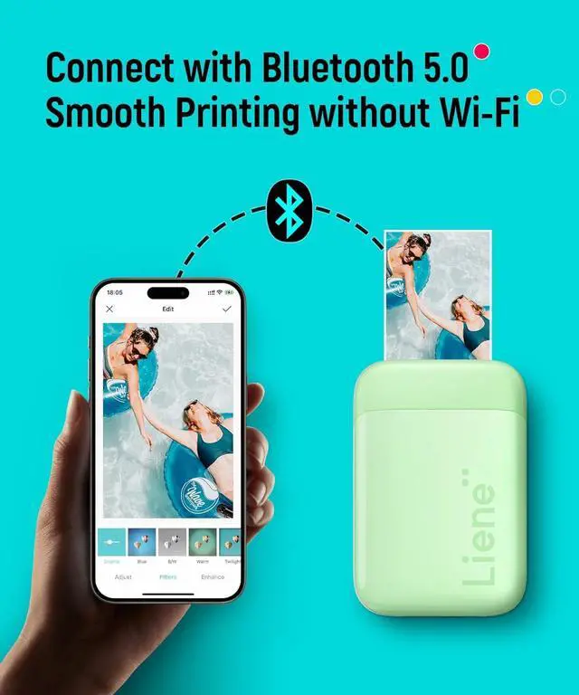 Alt view image 2 of 7 - Photo Printer, 2x3 Mini Portable Instant Photo Printer Bundle w/ 50 Zink Adhesive Paper, Bluetooth 5.0, Compatible w/iOS & Android, Small Color Mono Picture Printer for iPhone, Smartphone Green