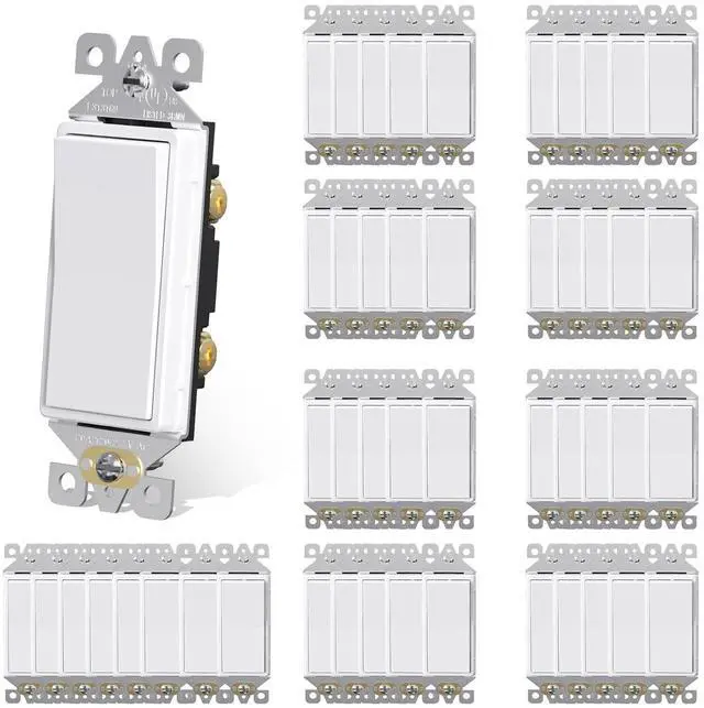 Main image of Single Pole Rocker Decora Light Switch, 15 Amp Self-grounding Electrical Light Switches, Residential Grade, UL Listed (50, Glossy White, Without Wall Plate)