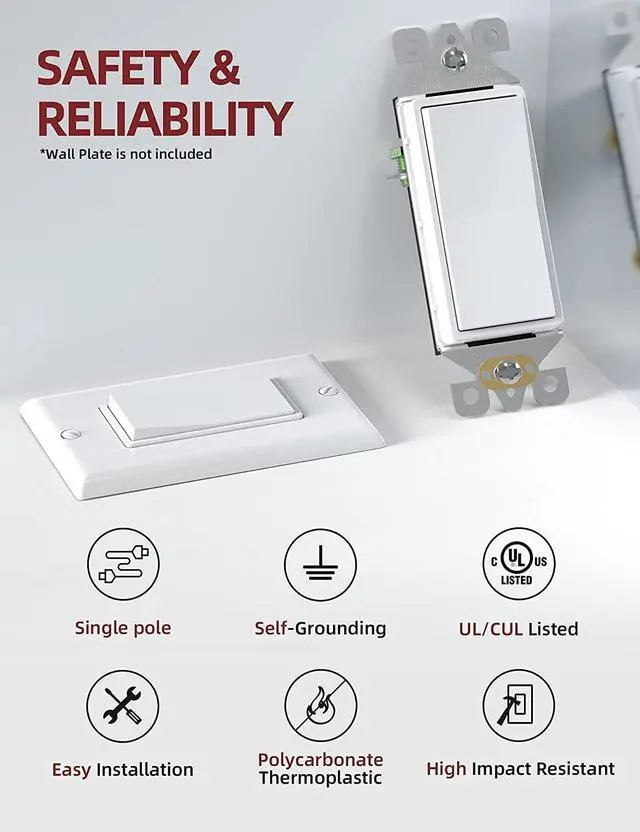 Alt view image 2 of 7 - Single Pole Rocker Decora Light Switch, 15 Amp Self-grounding Electrical Light Switches, Residential Grade, UL Listed (50, Glossy White, Without Wall Plate)