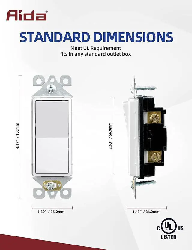 Alt view image 5 of 7 - Single Pole Rocker Decora Light Switch, 15 Amp Self-grounding Electrical Light Switches, Residential Grade, UL Listed (50, Glossy White, Without Wall Plate)