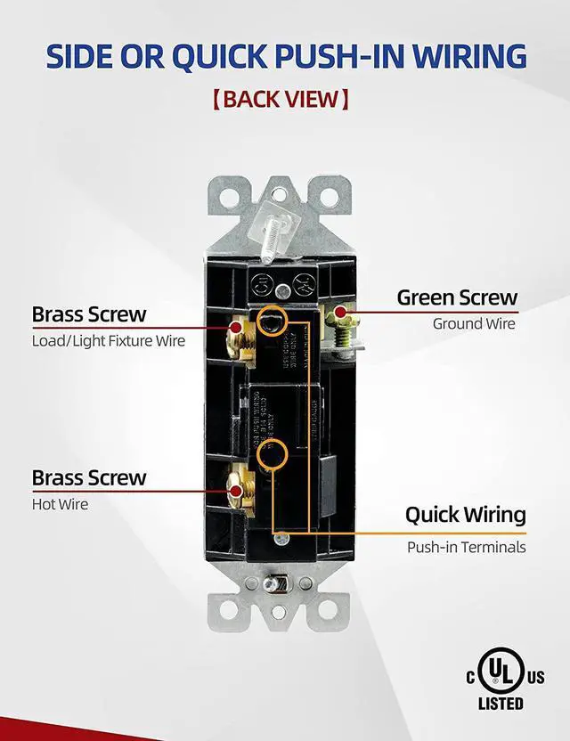 Alt view image 6 of 7 - Single Pole Rocker Decora Light Switch, 15 Amp Self-grounding Electrical Light Switches, Residential Grade, UL Listed (50, Glossy White, Without Wall Plate)