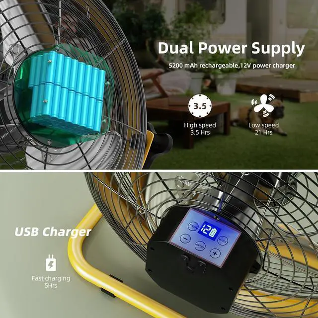 Alt view image 4 of 7 - Battery Operated Floor Fan - Rechargeable Powered Fan Cordless High Velocity Metal Blade Portable Fan for Camping Travel Patio Tent Indoor Outdoor 12 Inch 360 Degree Manual Tilt 12 Speed