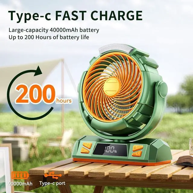 Alt view image 4 of 7 - Camping LED Fan with Light, 40000mAh Rechargeable Battery Powered Outdoor Tent Fan with Light and Hook, 6 Speed, Personal USB Desk Fan for Camping, Fishing, Power Outage,Hurricane, Worksite