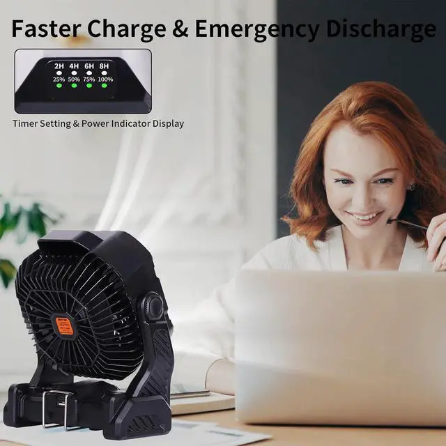 Alt view image 5 of 7 - 20000mAh Camping Fan with LED Lantern USB TpyeC Rechargeable Battery Operated Fan Outdoor Fans with Light & Hook,4 Speeds Personal USB Desk for Camping Black X26A