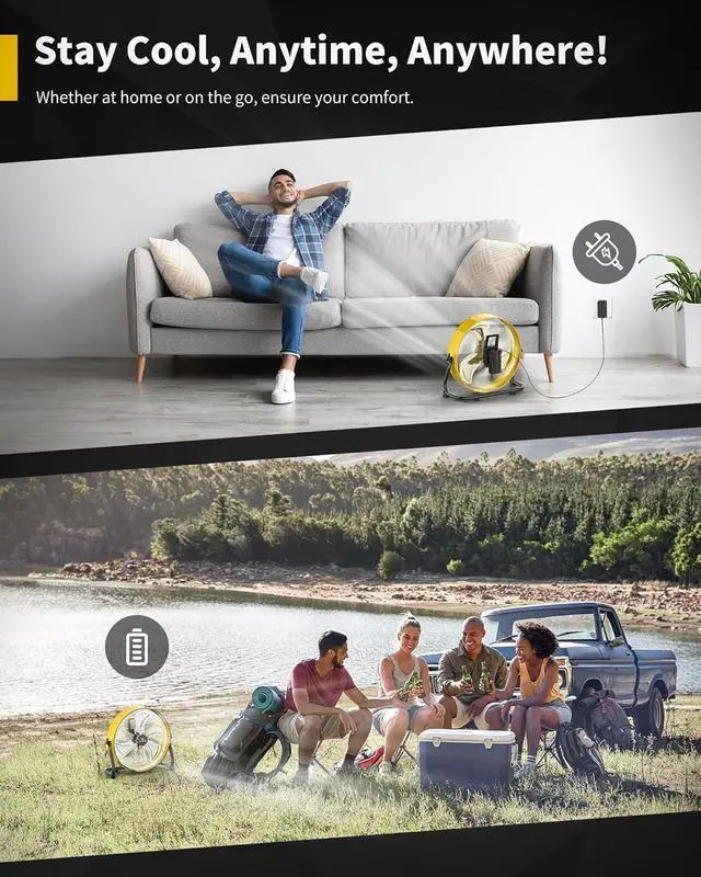 Alt view image 7 of 7 - 15600mAh Rechargeable Battery Operated Drum Fan, 12 inch Yellow Industrial High Velocity Floor Fan, Shop Fan for Camping Gym Garage Outdoor Indoor, AI-F600Y
