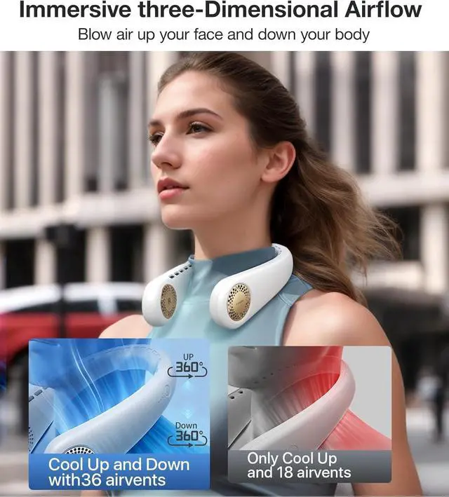 Alt view image 2 of 6 - COOLiFY [All-New, Upgraded Powerful Airflow] Industry-First Portable Neck Fan - Rechargeable, 360° Airflow, Hands-Free Bladeless Cooling, For Yard Work, Indoor, Outdoor Use - Elegant Ivory
